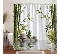GLKSDLPO Rideau de douche en bambou et pierre, bambou vert, pierres zen blanches, fleurs jaunes et motif d'eau réfléchissante pour salle de bain (130 x 190 cm / 51 x 75 po (L x H))