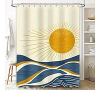 GLKSDLPO Tenda da doccia con onde al tramonto, in tessuto impermeabile, decorazione da bagno di metà secolo, motivo di colore blu e giallo, decorazione per la casa (137 x 203 cm/54 x 80 pollici (LxA)