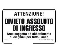GLOBAL CARTELLO SEGNALETICO - Attenzione ! Divieto assoluto di ingresso area soggetta ad abbattimento di cinghiali per tutto l'anno (Pannello In Alluminio, 20x31 cm)
