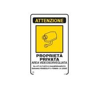GLOBAL CARTELLO SEGNALETICO - Attenzione proprietà privata area videosorvegliata gli atti di furto o danneggiamento saranno perseguiti a termini di legge (Pannello In Alluminio, 10x15 cm)