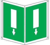 GLOBAL CARTELLO SEGNALETICO BIFACCIALE - SIMBOLO USCITA DI EMERGENZA VERSO IL BASSO - In Alluminio Con Stampa Diretta U.V. (IDEALE ANCHE PER ESTERNO) (20X31 CM)