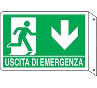 GLOBAL CARTELLO SEGNALETICO BIFACCIALE - USCITA DI EMERGENZA VERSO IL BASSO - In Alluminio Con Stampa Diretta U.V. (IDEALE ANCHE PER ESTERNO) (20X31 CM)