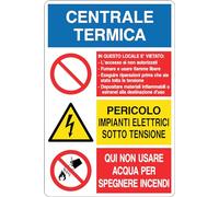 GLOBAL CARTELLO SEGNALETICO MULTI - CENTRALE TERMICA DIVIETI/PERICOLI - Adesivo Resistente, Pannello in Forex, Pannello In Alluminio (Adesivo, 10x15 cm)