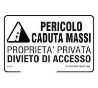 GLOBAL CARTELLO SEGNALETICO - Pericolo caduta massi proprietà privata divieto di accesso - Segnale Adesivo Resistente, Pannello in Forex, Pannello In Alluminio (Pannello In Alluminio, 30x42 cm)