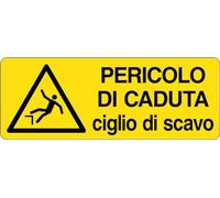 GLOBAL CARTELLO SEGNALETICO UNI - ATTENZIONE PERICOLO DI CADUTA CIGLIO DI SCAVO - Adesivo Extra Resistente, Pannello in Forex, Pannello In Alluminio (30x12 cm, Alluminio)
