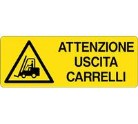 GLOBAL CARTELLO SEGNALETICO UNI - ATTENZIONE USCITA CARRELLI - Adesivo Extra Resistente, Pannello in Forex, Pannello In Alluminio (30x12 cm, Plastica)