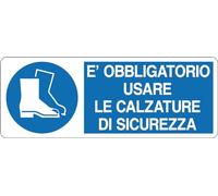 GLOBAL CARTELLO SEGNALETICO UNI - E' OBBLIGATORIO USARE LE CALZATURE DI SICUREZZA - Adesivo Extra Resistente, Pannello in Forex, Pannello In Alluminio (30x12 cm, Alluminio)