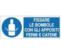 GLOBAL CARTELLO SEGNALETICO UNI - FISSARE LE BOMBOLE CON GLI APPOSITI FERMI E CATENE - Adesivo Extra Resistente, Pannello in Forex, Pannello In Alluminio (30x12 cm, Alluminio)