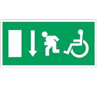 GLOBAL CARTELLO SEGNALETICO UNI - USCITA DI EMERGENZA DISABILI VERSO IL BASSO NORMA CE - Adesivo Extra Resistente, Pannello in Forex, Pannello In Alluminio (60x25 cm, Adesivo)
