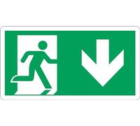 GLOBAL CARTELLO SEGNALETICO UNI - USCITA DI EMERGENZA VERSO IL BASSO - Adesivo Extra Resistente, Pannello in Forex, Pannello In Alluminio (30x12 cm, Adesivo)