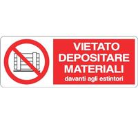 GLOBAL CARTELLO SEGNALETICO UNI - VIETATO DEPOSITARE MATERIALI DAVANTI AGLI ESTINTORI - Adesivo Extra Resistente, Pannello in Forex, Pannello In Alluminio (30x12 cm, Plastica)