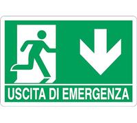 GLOBAL CARTELLO SEGNALETICO - USCITA DI EMERGENZA VERSO IL BASSO - Adesivo Extra Resistente, Pannello in Forex, Pannello In Alluminio (20x31 cm, Adesivo)