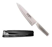 Global GF99 Chef's Knife Fluted Set. Combinazione composta da un Coltello da cuoco con lama alveolata di 20,5 centimetri in acciaio Cromova e il coprilama Modello GKG 103.