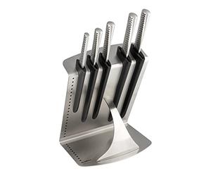 Global GU-505/6B UKON - Set professionale da 6 pezzi, CROMOVA in acciaio inox 18, contiene 5 coltelli da cucina e 1 blocco per coltelli, ad alto tenore di carbonio