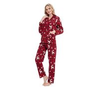 GLOBAL Pigiama da Donna Flanella di Cotone con Bottoni Frontali, Pantaloni con Coulisse