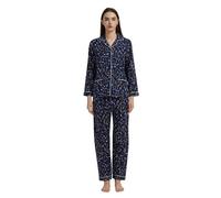GLOBAL Pigiama da Donna Flanella di Cotone con Bottoni Frontali, Pantaloni con Coulisse Blu L