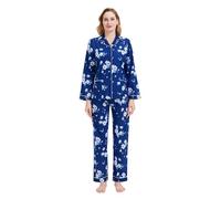 GLOBAL Pigiama da Donna Flanella di Cotone con Bottoni Frontali, Pantaloni con Coulisse Blu XL
