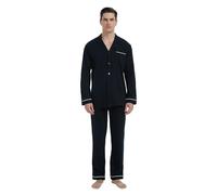 GLOBAL Pigiama da Uomo Lungo Cotone Nightwear Set Manica Lunga Camicia con Tasca Pigiama Pantaloni Due Pezzi Set Nightwea Nero XXL