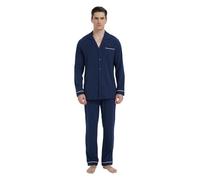 GLOBAL Pigiama da Uomo Lungo Cotone Nightwear Set Manica Lunga Camicia con Tasca Pigiama Pantaloni Due Pezzi Set Nightwea Blu Navy S