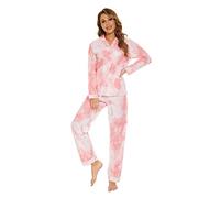 GLOBAL Pigiama Donna 100% Cotone Pigiami Due Pezzi da Donna Camicia da Notte Maniche Lunghe e Pantaloni Sleepwear con Bottoni per Tutte Le Stagioni Tintura per Cravatta Rosa 3XL