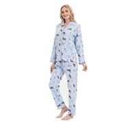 GLOBAL Pigiama Donna Flanella Cotone Maniche Lunghe Due Pezzi Camicie da Notte Pjs Confortevole Sleepwear Caldo Morbido, Cane Carino Blu, 3XL
