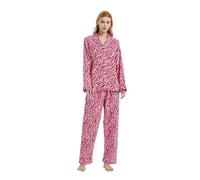 GLOBAL Pigiama Donna Flanella Cotone Maniche Lunghe Due Pezzi Camicie da Notte Pjs Confortevole Sleepwear Caldo Morbido, Motivo Zebrato Rosa, XS
