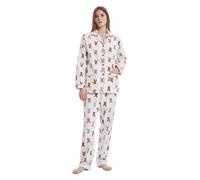 GLOBAL Pigiama Donna Flanella Cotone Maniche Lunghe Due Pezzi Camicie da Notte Pjs Confortevole Sleepwear Caldo Morbido, Coniglio Bianco, S