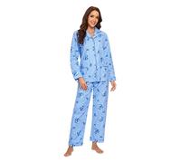 GLOBAL Pigiama Donna Flanella|Donna Pigiami Cotone Maniche Lunghe| Pigiami Due Pezzi da Donna| Camicie da Notte da Donna| Pjs Confortevole| Sleepwear Caldo Morbido |Fiore Blu Elegante M