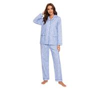 GLOBAL Pigiama Donna Flanella|Donna Pigiami Cotone Maniche Lunghe| Pigiami Due Pezzi da Donna| Camicie da Notte da Donna| Pjs Confortevole| Sleepwear Caldo Morbido |Piccoli Fiori Blu S