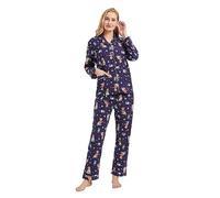 GLOBAL Pigiama Donna Flanella|Donna Pigiami Cotone Maniche Lunghe| Pigiami Due Pezzi da Donna| Camicie da Notte da Donna| Pjs Confortevole| Sleepwear Caldo Morbido Blu,Cane L