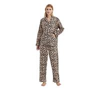 GLOBAL Pigiama Donna Flanella|Donna Pigiami Cotone Maniche Lunghe| Pigiami Due Pezzi da Donna| Camicie da Notte da Donna| Pjs Confortevole| Sleepwear Caldo Morbido |Leopardo Marrone M