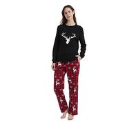 GLOBAL Pigiama Donna FlanellaDonna Pigiami Cotone Maniche Lunghe Pigiami Due Pezzi da Donna Pjs Confortevole Sleepwear Caldo Morbido T-Shirt Nero, Pantaloni Griglia Rosso/Nero XXL