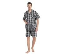 GLOBAL Pigiama Uomo Estivo Cotone Pigiami Maniche Corte Pigiami Due Pezzi Classici a Quadri,Nero,L