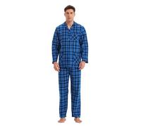 GLOBAL Pigiama Uomo Flanella Cotone Lungo Pantaloni Vita Elasticizzata Coulisse Bottoni Invernale Abbigliamento da Notte Confortevole Blu/Bianco/Nero, Griglia S