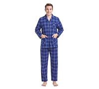 GLOBAL Pigiama Uomo Flanella Cotone Lungo Pantaloni Vita Elasticizzata Coulisse Bottoni Invernale Abbigliamento da Notte Confortevole Blu/Bianco, Griglia 3XL