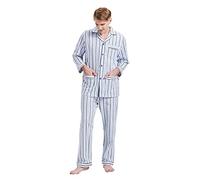 GLOBAL Pigiama Uomo Flanella Cotone Lungo Pigiami Due Pezzi Uomo Bottoni Invernale Abbigliamento da Notte Confortevole Strisce Nere Diamante Azzurro M