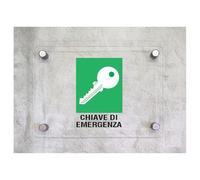 Global Targa Cartello in plexiglass - CHIAVE DI EMERGENZA - Con Distanziali in acciaio inox, Stampa UV (15x21 cm)