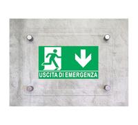 Global Targa Cartello in plexiglass - USCITA DI EMERGENZA VERSO IL BASSO - Con Distanziali in acciaio inox, Stampa UV (30x42 cm)