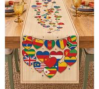 Global Unity - Runner da tavola moderno con bandiere a forma di cuore | Runner da tavolo a tema unità globale, stampa a cuore con nazioni mondiali, decorazione culturale internazionale