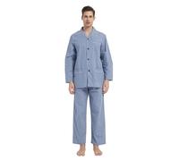 GLOBAL Uomo Pigiami Set 100% Cotone Set Pigiami Due Pezzi da Uomo, Pigiami Uomo Completino Maniche Lunghe in Cotone Modello di Griglia Fine Blu,S