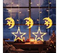 Globalink Luci Tenda Natale, Stelle E Luna Luci Di Natale da Esterno, Tenda Luci Natale Interno con 69 Leds, 8 Modalità con Timer per Vetrina Camera da Letto Da Giardino-5 Strisce, Bianco