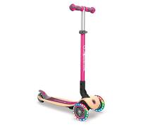 Globber - PRIMO FOLDABLE WOOD LIGHTS - Monopattino di legno a 3 ruote pieghevole e illuminato per bambini dai 3 ai 7 anni + , Rosa Intenso