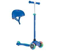 GLOBBER Primo Plus Lights - Monopattino e casco per bambini, 120/80 mm, 3 ruote, regolabile in altezza, ruote luminose LED, blu