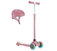 GLOBBER Primo Plus Lights - Monopattino e casco per bambini, 120/80 mm, 3 ruote, regolabile in altezza, ruote luminose LED, rosa
