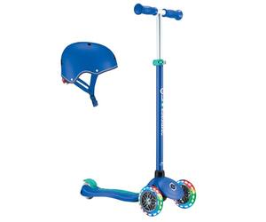 GLOBBER Primo Plus Lights - Monopattino e casco per bambini, 120/80 mm, 3 ruote, regolabile in altezza, ruote luminose LED, blu