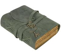 GlobeeCraft Cuaderno para Viajes Vintage de Cuero con Llave, Papel de Algodón Hecho a Mano - Perfecto como Cuaderno de Cuero, Libreta Vintage o Diario Personal Premium - 18x13 cm (Verde)