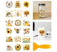GLOBLELAND 18 fogli adesivi di trasferimento con girasole e api da 3.9x3.6 Pollici miele e api "Bee Happy" per la rimozione di mobili vasi di vetro decorazioni artigianali