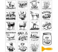 GLOBLELAND 18 fogli di adesivi trasferibili con animali della fattoria 3.9x3.6 Pollici in bianco e nero decalcomania per mulino a vento mucca strofinare per mobili vasi vetro decorazioni