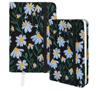 GLOBLELAND 2 Pack A6 Blue Daisy Linen Embroidered Notebook 5.7x3.9 Inch | Taccuino nero piatto sfoderato in tessuto con copertina rigida diario Sketchbook con fascia elastica per donne uomini ufficio
