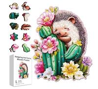 GLOBLELAND 200 pz Puzzle In Legno A Forma di Riccio Cactus Succulento per Adulti 13.6x11.2 pollici Simpatico Riccio Colorato Puzzles di Animale Unico per Regali di Compleanno Anniversario e Feste